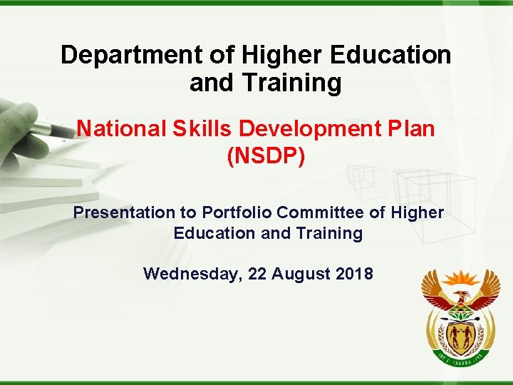 Department of Higher Education and Training National Skills Development Plan (NSDP) Presentation to Portfolio