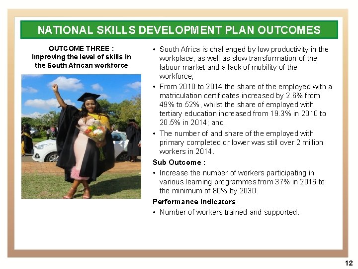 NATIONAL SKILLS DEVELOPMENT PLAN OUTCOMES OUTCOME THREE : Improving the level of skills in NATIONAL SKILLS DEVELOPMENT PLAN OUTCOMES OUTCOME THREE : Improving the level of skills in