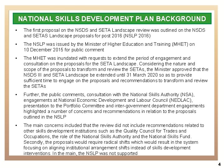 NATIONAL SKILLS DEVELOPMENT PLAN BACKGROUND • The first proposal on the NSDS and SETA