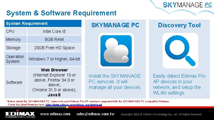 System & Software Requirement System Requirement CPU SKYMANAGE PC Discovery Tool Install the SKYMANAGE