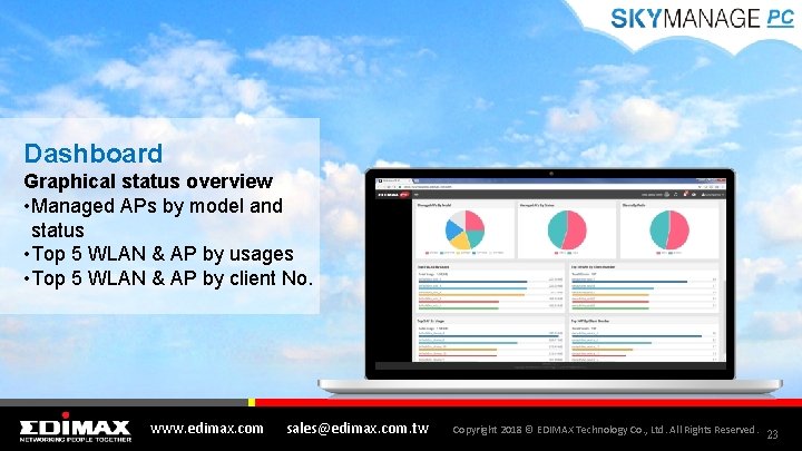 Dashboard Graphical status overview • Managed APs by model and status • Top 5