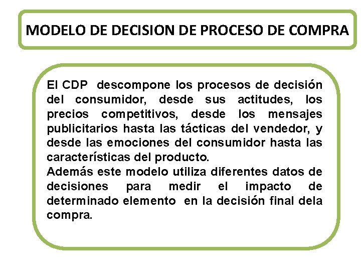 MODELO DE DECISION DE PROCESO DE COMPRA El CDP descompone los procesos de decisión