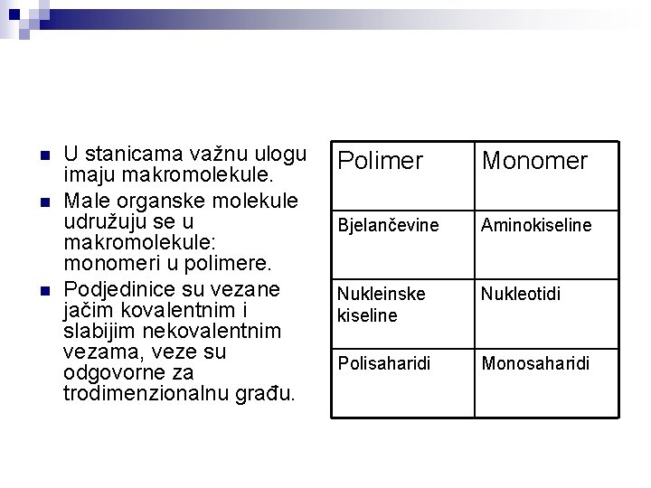 n n n U stanicama važnu ulogu imaju makromolekule. Male organske molekule udružuju se