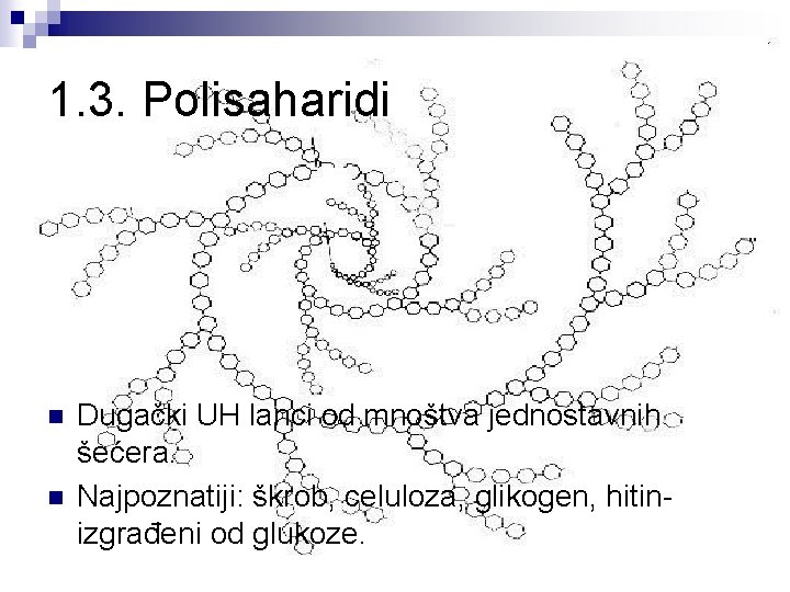 1. 3. Polisaharidi n n Dugački UH lanci od mnoštva jednostavnih šećera. Najpoznatiji: škrob,