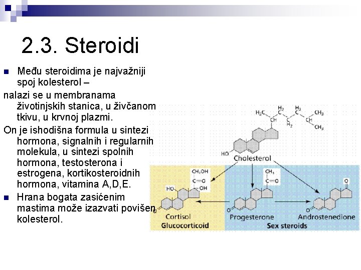 2. 3. Steroidi Među steroidima je najvažniji spoj kolesterol – nalazi se u membranama