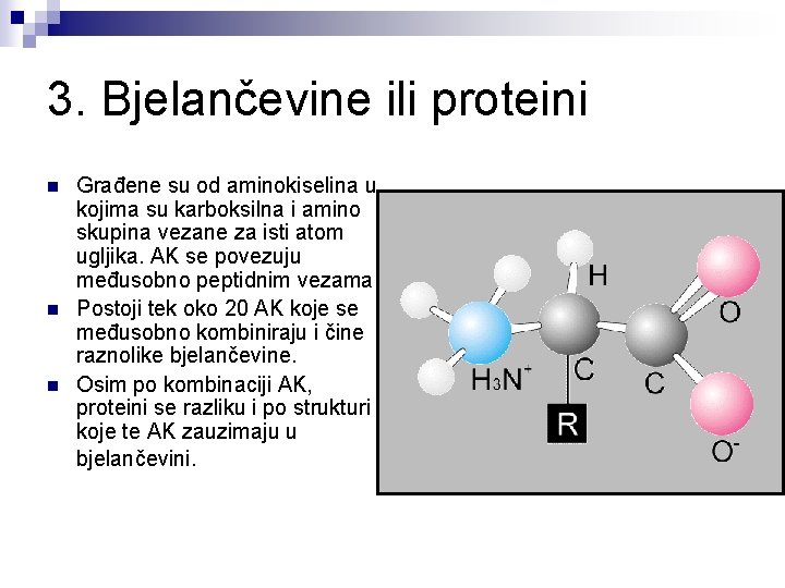 3. Bjelančevine ili proteini n n n Građene su od aminokiselina u kojima su