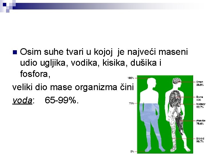 Osim suhe tvari u kojoj je najveći maseni udio ugljika, vodika, kisika, dušika i