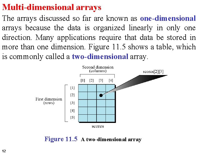 Multi-dimensional arrays The arrays discussed so far are known as one-dimensional arrays because the