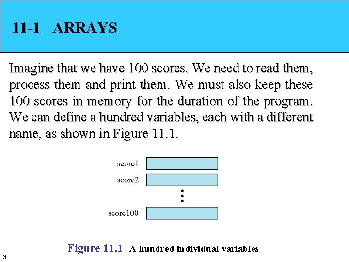 11 -1 ARRAYS Imagine that we have 100 scores. We need to read them,