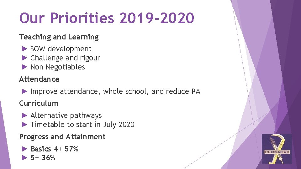 Our Priorities 2019 -2020 Teaching and Learning ► SOW development ► Challenge and rigour