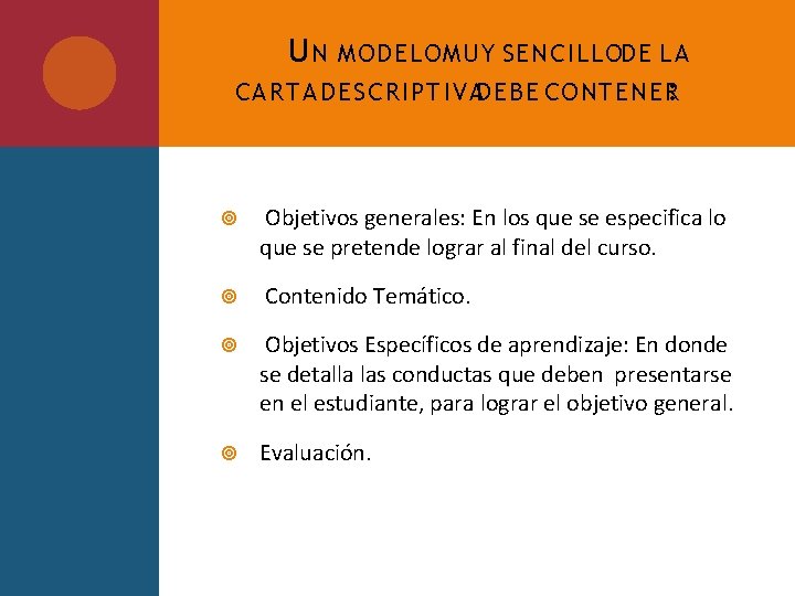 U N MODELOMUY SENCILLODE LA CARTA DESCRIPTIVADEBE CONTENER: Objetivos generales: En los que se