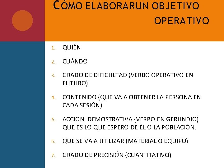 C ÓMO ELABORARUN OBJETIVO OPERATIVO 1. QUIÈN 2. CUÀNDO 3. GRADO DE DIFICULTAD (VERBO