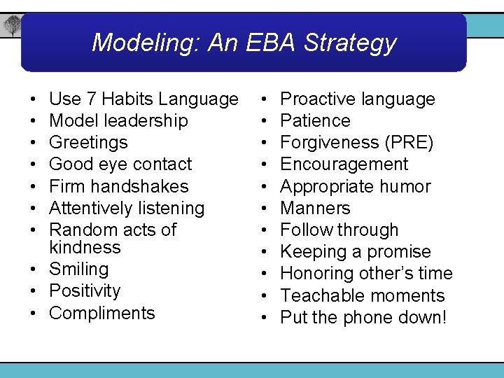 Modeling: An EBA Strategy • • Use 7 Habits Language Model leadership Greetings Good
