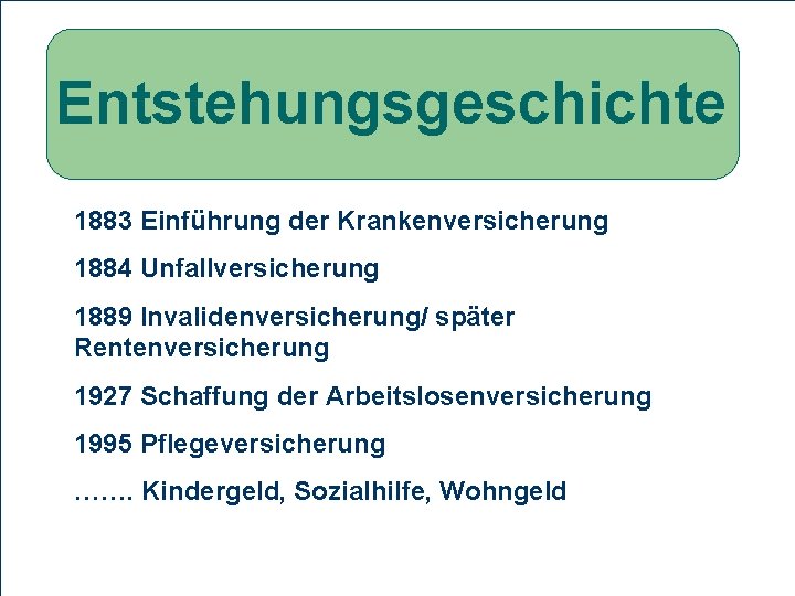 Teresa Glaesel Sonja Rempe Entstehungsgeschichte PROBLEMSTELLUNG 1883 Einführung der Krankenversicherung l. Definition Sozialstaat l