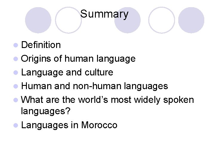 Summary l Definition l Origins of human language l Language and culture l Human