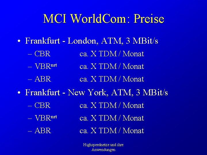 MCI World. Com: Preise • Frankfurt - London, ATM, 3 MBit/s – CBR ca.