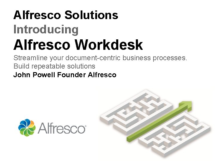 Alfresco Solutions Introducing Alfresco Workdesk Streamline your document-centric business processes. Build repeatable solutions John