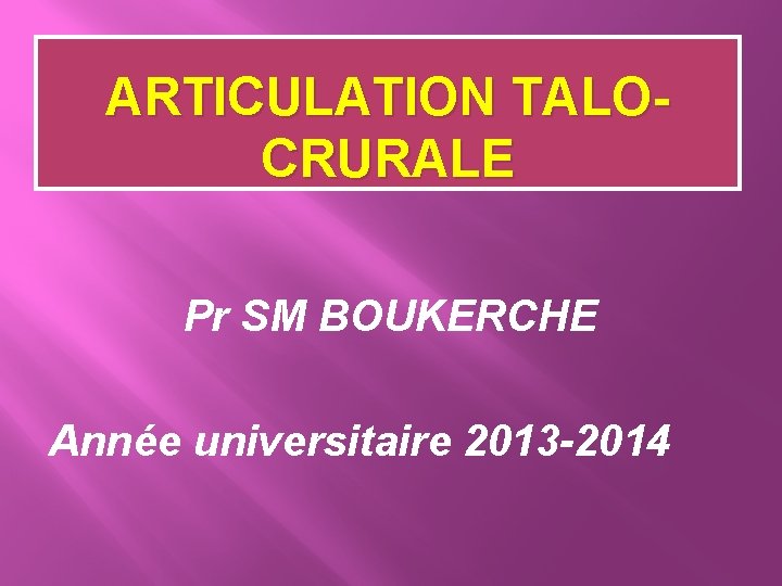 ARTICULATION TALOCRURALE Pr SM BOUKERCHE Année universitaire 2013 -2014 