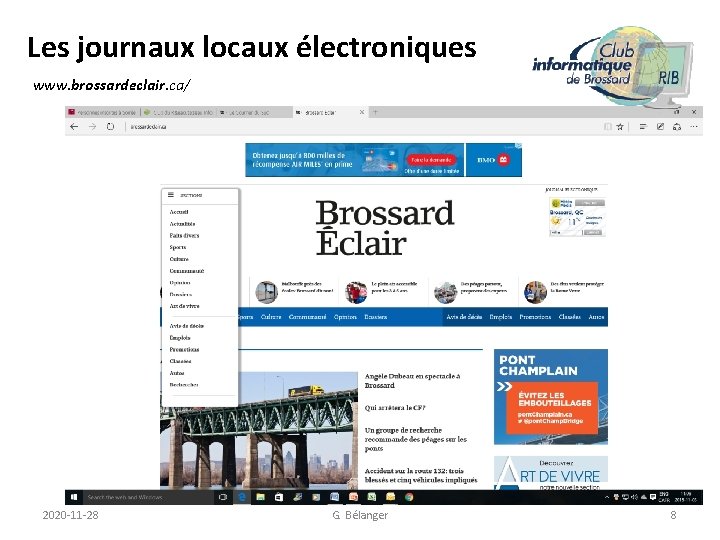 Les journaux locaux électroniques www. brossardeclair. ca/ 2020 -11 -28 G. Bélanger 8 