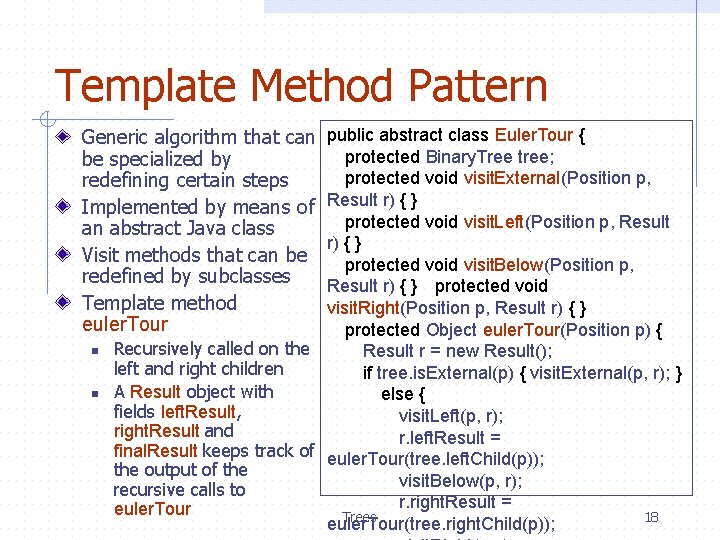 Template Method Pattern Generic algorithm that can be specialized by redefining certain steps Implemented