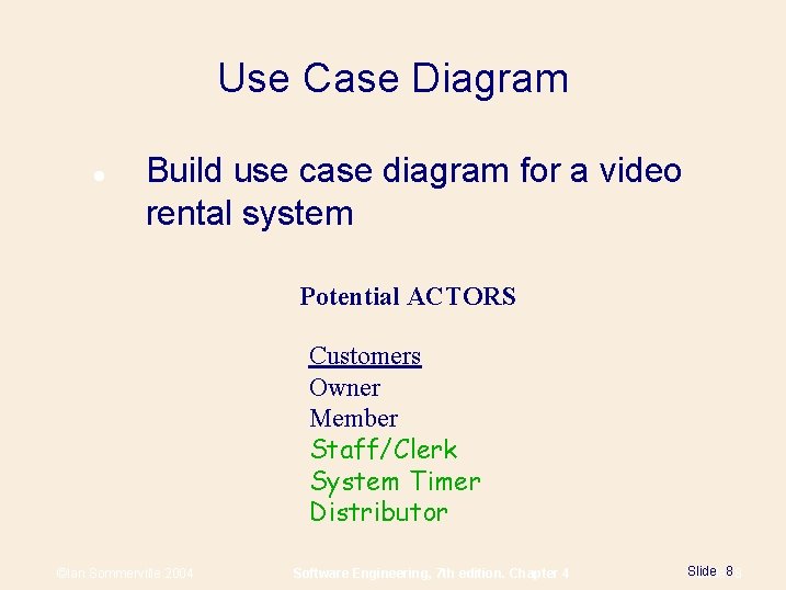 Use Case Diagram Build use case diagram for a video rental system Potential ACTORS