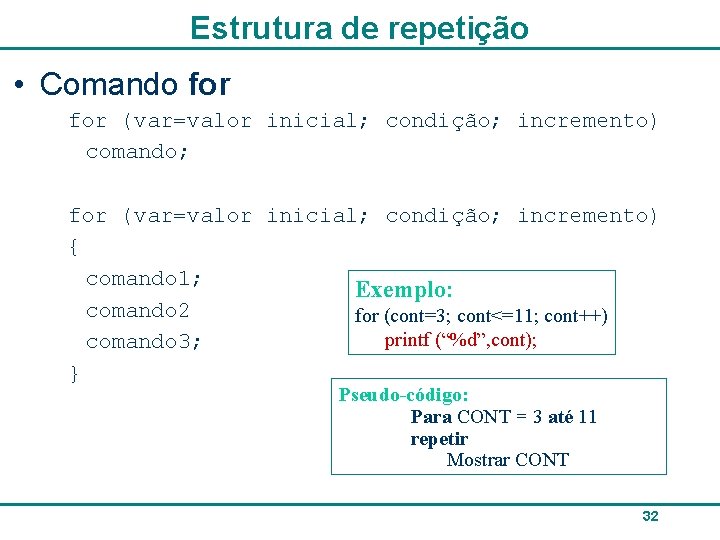 Estrutura de repetição • Comando for (var=valor inicial; condição; incremento) comando; for (var=valor inicial;