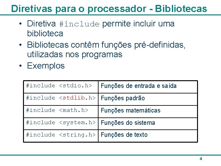 Diretivas para o processador - Bibliotecas • Diretiva #include permite incluir uma biblioteca •