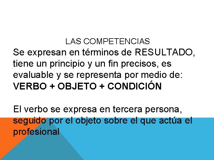 LAS COMPETENCIAS Se expresan en términos de RESULTADO, tiene un principio y un fin
