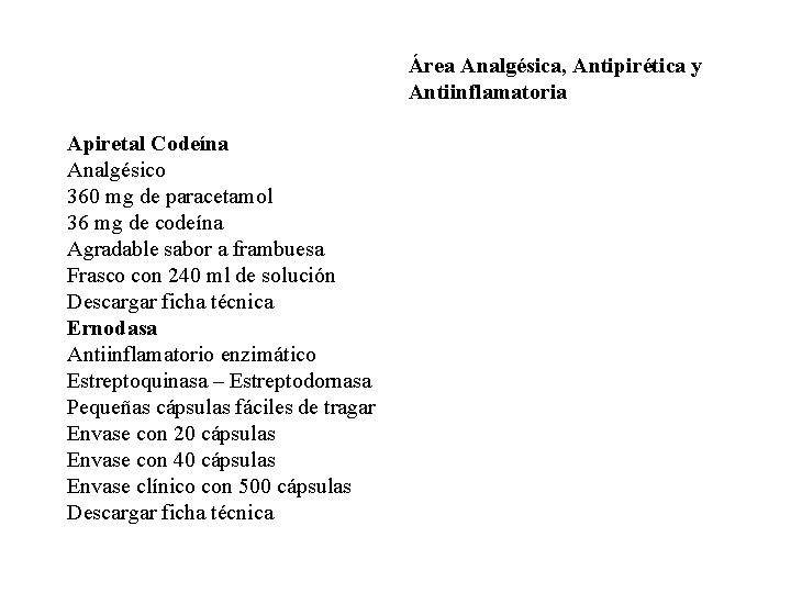 Área Analgésica, Antipirética y Antiinflamatoria Apiretal Codeína Analgésico 360 mg de paracetamol 36 mg