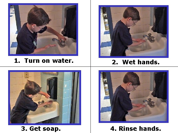 1. Turn on water. 3. Get soap. 2. Wet hands. 4. Rinse hands. 