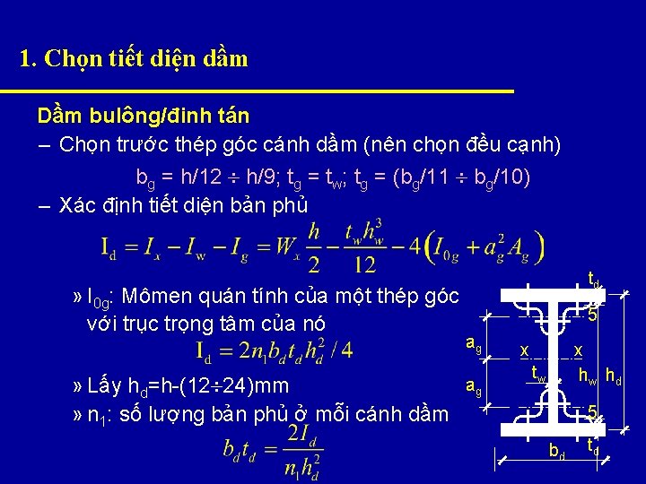 1. Chọn tiết diện dầm Dầm bulông/đinh tán – Chọn trước thép góc cánh 1. Chọn tiết diện dầm Dầm bulông/đinh tán – Chọn trước thép góc cánh