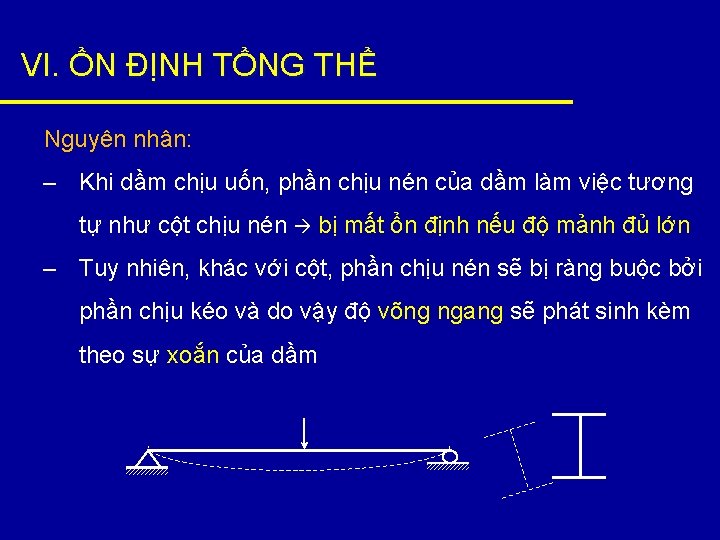 VI. ỔN ĐỊNH TỔNG THỂ Nguyên nhân: – Khi dầm chịu uốn, phần chịu