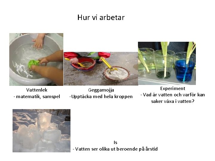 Hur vi arbetar Vattenlek - matematik, samspel Geggamojja -Upptäcka med hela kroppen Experiment -