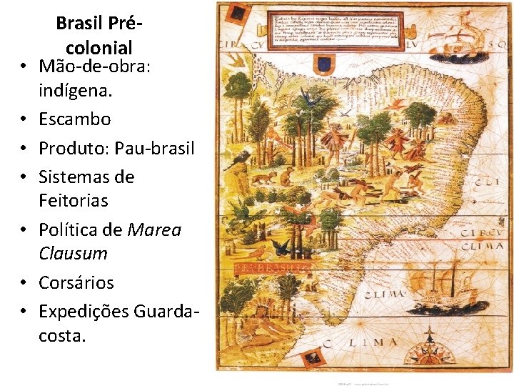  • • Brasil Précolonial Mão-de-obra: indígena. Escambo Produto: Pau-brasil Sistemas de Feitorias Política