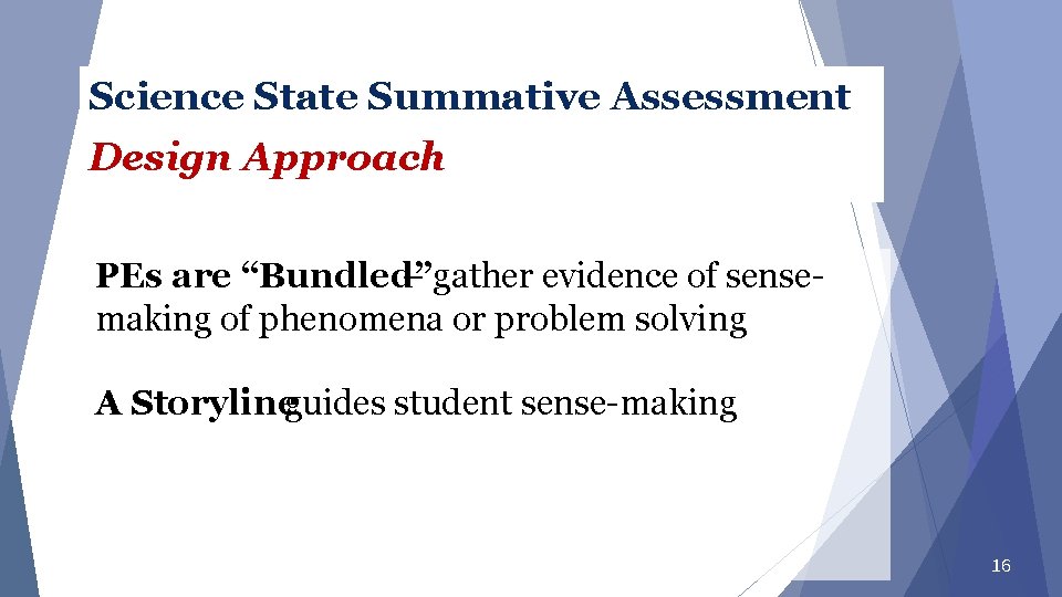 Science State Summative Assessment Design Approach PEs are “Bundled” – gather evidence of sensemaking Science State Summative Assessment Design Approach PEs are “Bundled” – gather evidence of sensemaking