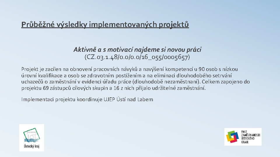 Průběžné výsledky implementovaných projektů Aktivně a s motivací najdeme si novou práci (CZ. 03.