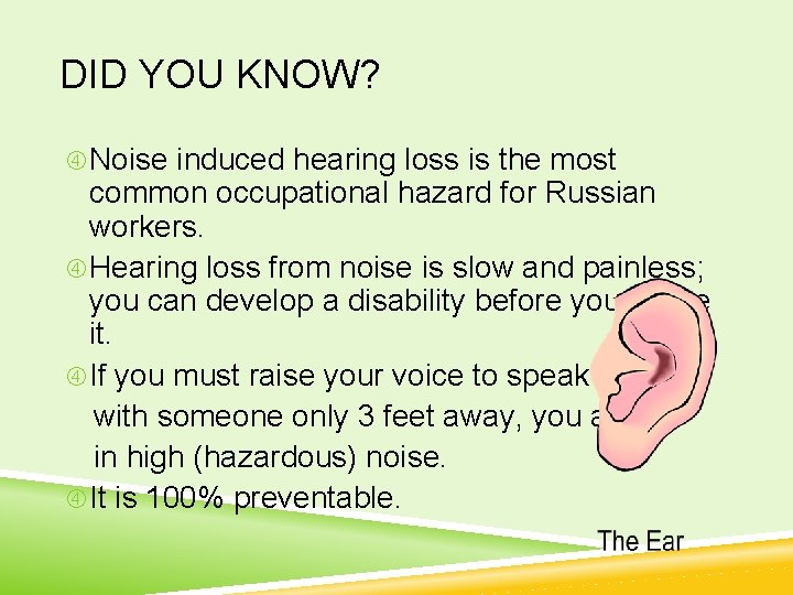 DID YOU KNOW? Noise induced hearing loss is the most common occupational hazard for