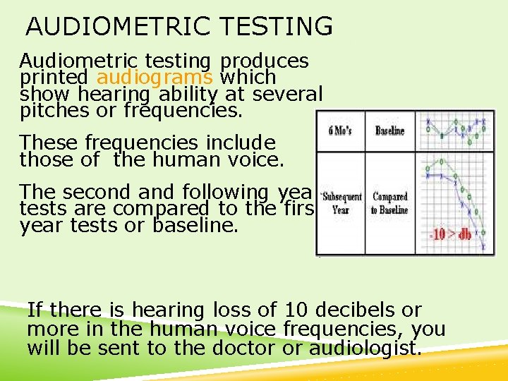 AUDIOMETRIC TESTING Audiometric testing produces printed audiograms which show hearing ability at several pitches