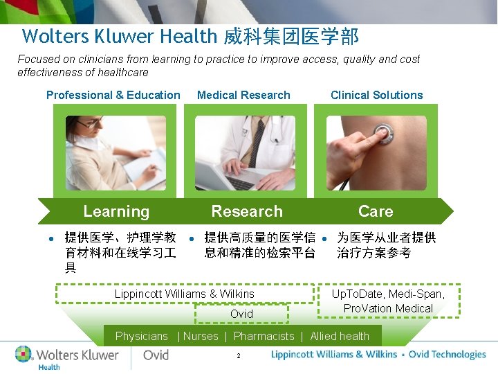 Wolters Kluwer Health 威科集团医学部 Focused on clinicians from learning to practice to improve access, Wolters Kluwer Health 威科集团医学部 Focused on clinicians from learning to practice to improve access,