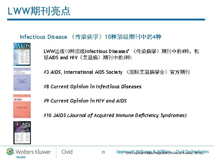 LWW期刊亮点 Infectious Disease (传染病学)10种顶级期刊中的4种 LWW出版10种顶级Infectious Diseases* (传染病学)期刊中的4种,包 括AIDS and HIV(艾滋病)期刊中的3种: #3 AIDS, International AIDS LWW期刊亮点 Infectious Disease (传染病学)10种顶级期刊中的4种 LWW出版10种顶级Infectious Diseases* (传染病学)期刊中的4种,包 括AIDS and HIV(艾滋病)期刊中的3种: #3 AIDS, International AIDS