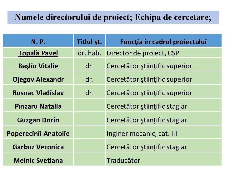 Numele directorului de proiect; Echipa de cercetare; N. P. Topală Pavel Titlul şt. Funcţia