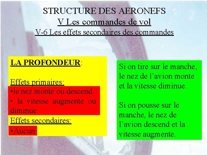 STRUCTURE DES AERONEFS V Les commandes de vol V-6 Les effets secondaires des commandes