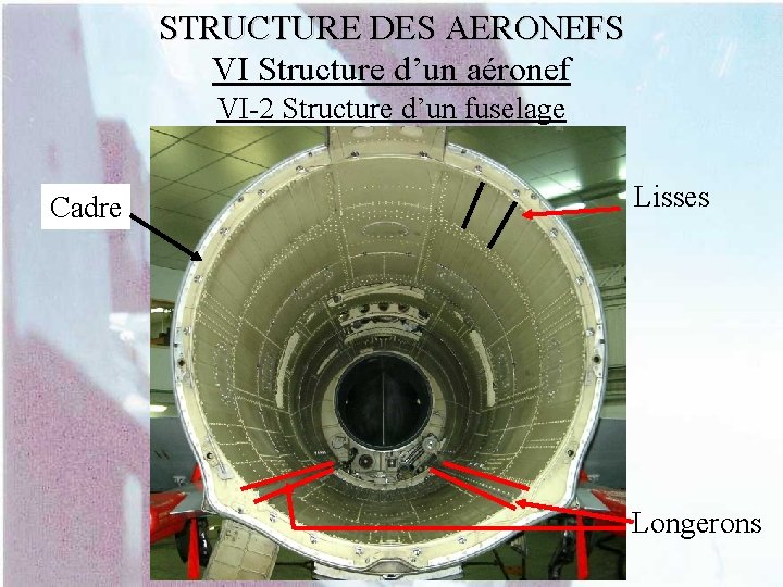 STRUCTURE DES AERONEFS VI Structure d’un aéronef VI-2 Structure d’un fuselage Cadre Lisses Longerons