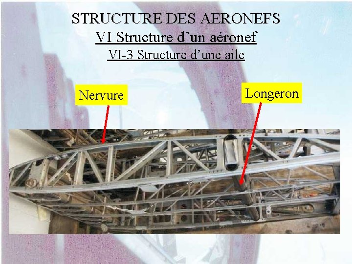 STRUCTURE DES AERONEFS VI Structure d’un aéronef VI-3 Structure d’une aile Nervure Longeron 