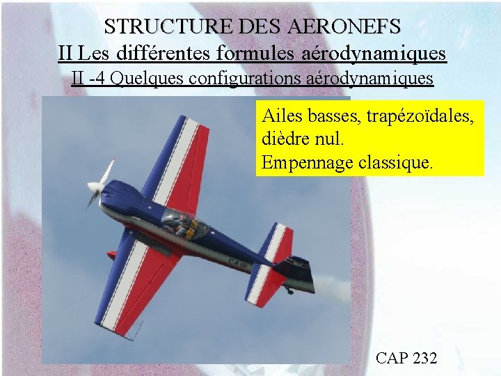 STRUCTURE DES AERONEFS II Les différentes formules aérodynamiques II -4 Quelques configurations aérodynamiques Ailes