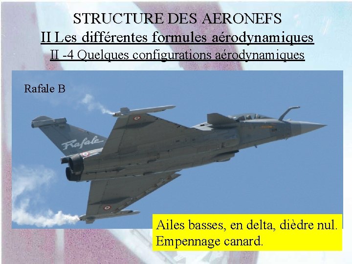 STRUCTURE DES AERONEFS II Les différentes formules aérodynamiques II -4 Quelques configurations aérodynamiques Rafale