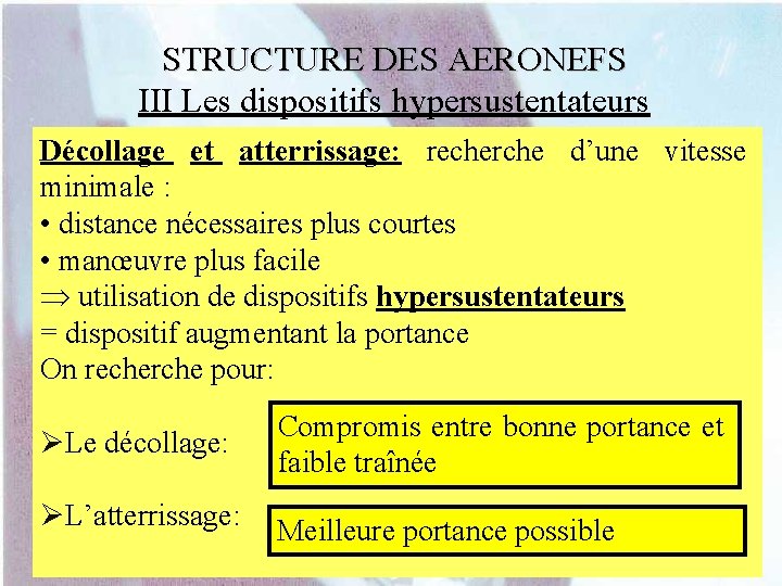 STRUCTURE DES AERONEFS III Les dispositifs hypersustentateurs Décollage et atterrissage: recherche d’une vitesse minimale