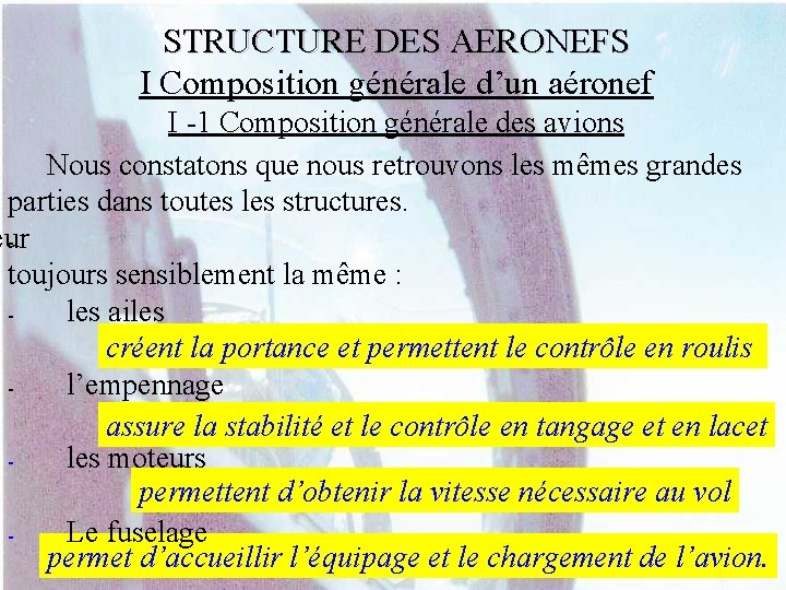 STRUCTURE DES AERONEFS I Composition générale d’un aéronef I -1 Composition générale des avions