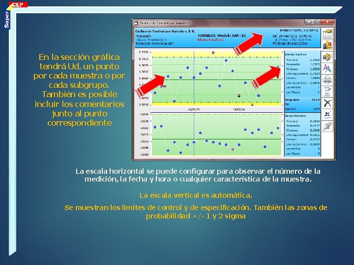 En la sección gráfica tendrá Ud. un punto por cada muestra o por cada