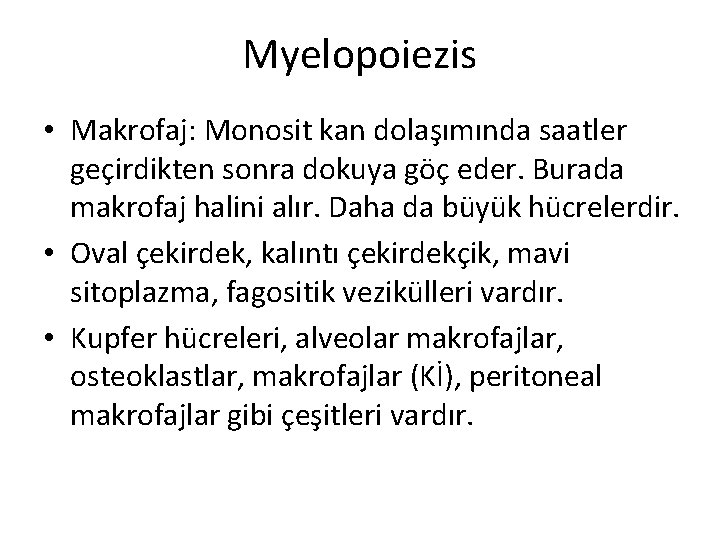 Myelopoiezis • Makrofaj: Monosit kan dolaşımında saatler geçirdikten sonra dokuya göç eder. Burada makrofaj